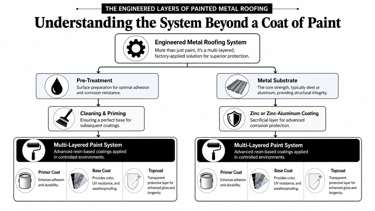 A diagram illustrating the engineered layers of a painted metal roofing system, from preparation to finish.