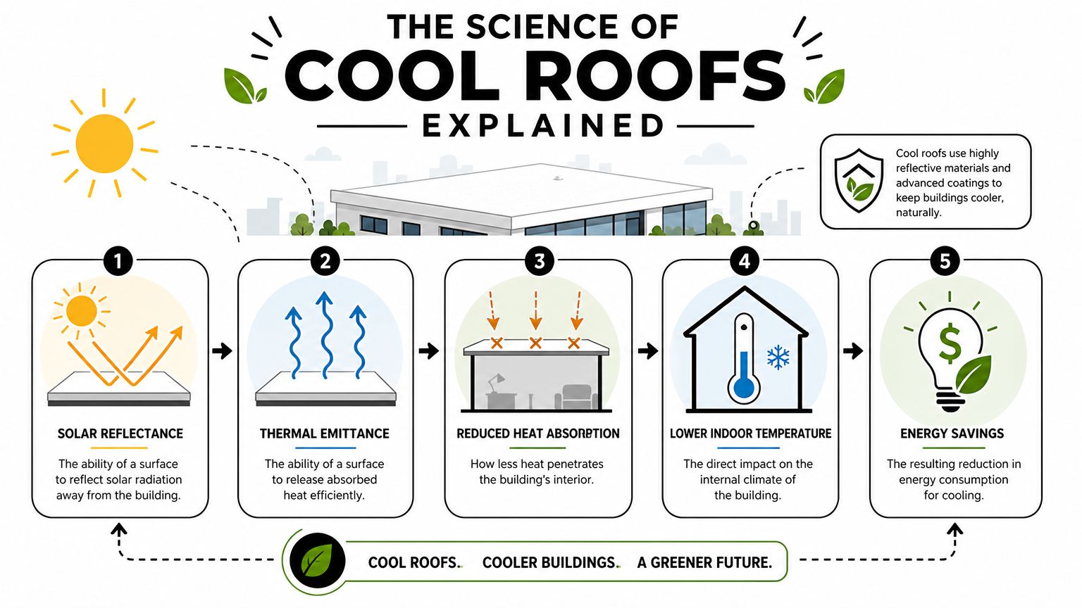 An infographic explaining the scientific process and benefits of cool roofs for energy efficient building temperature control.