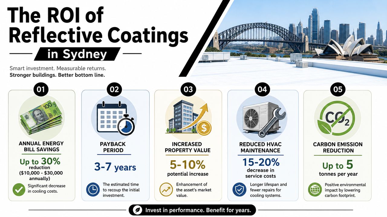An infographic detailing the financial and environmental benefits of reflective roof coatings for buildings in Sydney.