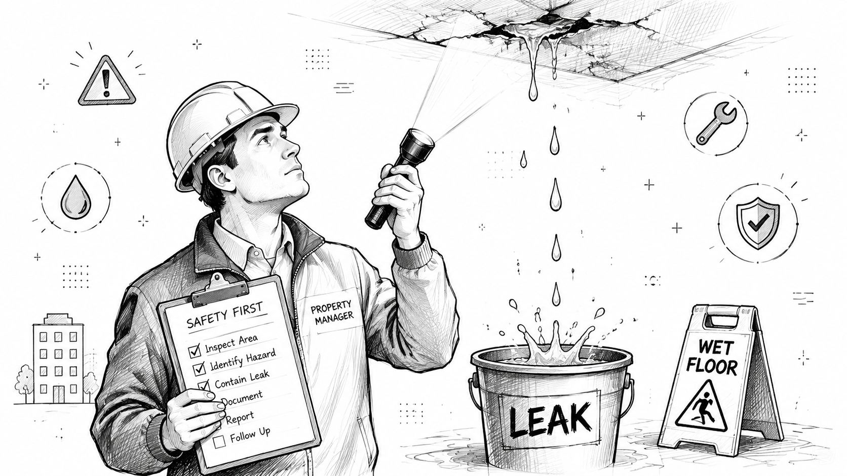 A property manager inspecting a leaking ceiling while holding a flashlight and a safety checklist clipboard.