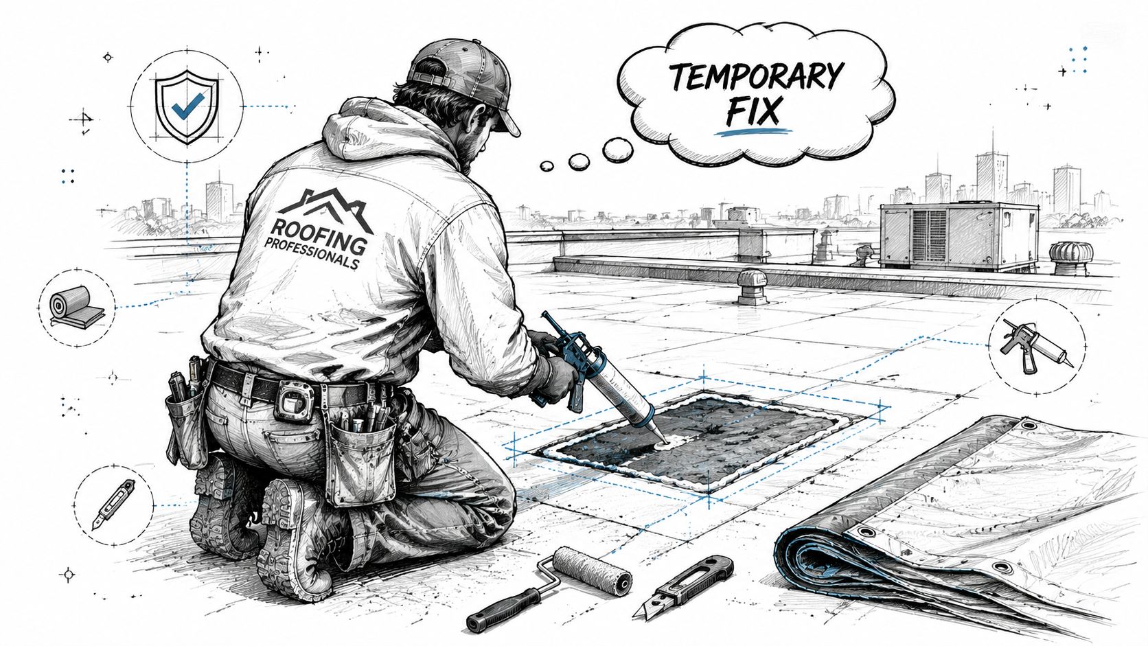 A professional roofer kneeling on a flat rooftop applying sealant to a leak with a caulking gun.
