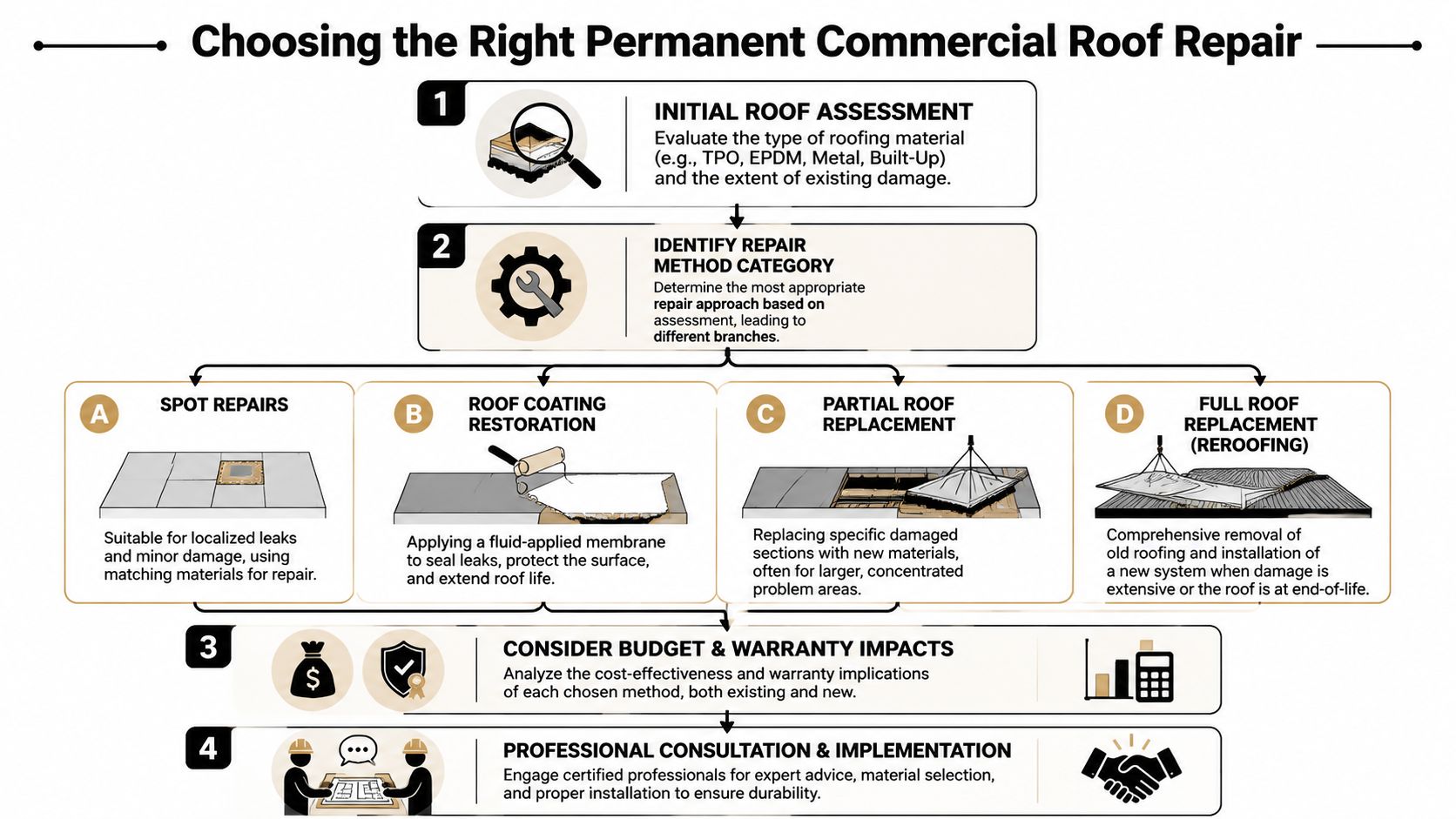 An infographic showing the four-step process for determining the right permanent commercial roof repair method.