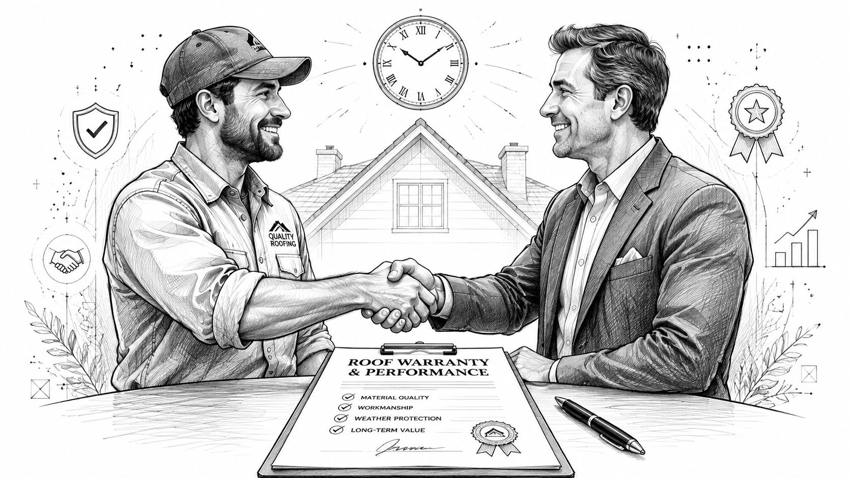 A professional roofer and a client shaking hands over a roof warranty document at a desk.