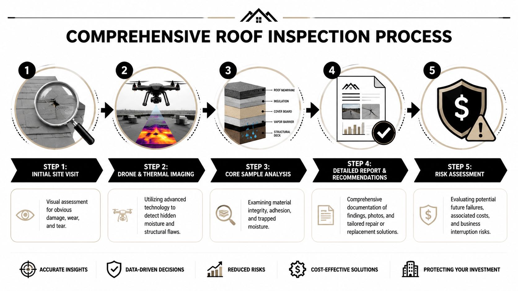 A five-step infographic showing a comprehensive roof inspection process from visual assessment to risk and cost analysis.