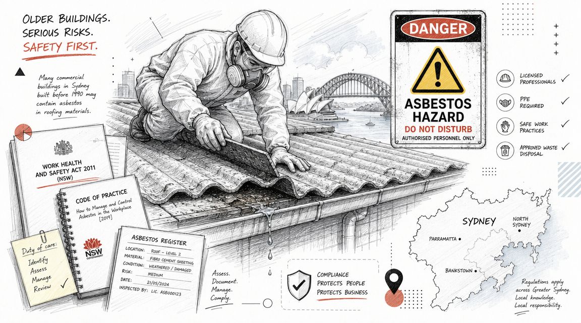 A professional wearing protective equipment inspecting a damaged roof for asbestos hazards in Sydney, Australia.