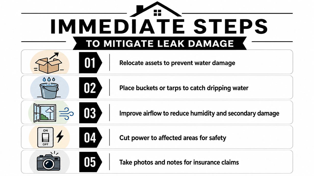 A helpful infographic showing five immediate steps to mitigate damage caused by a home water leak.