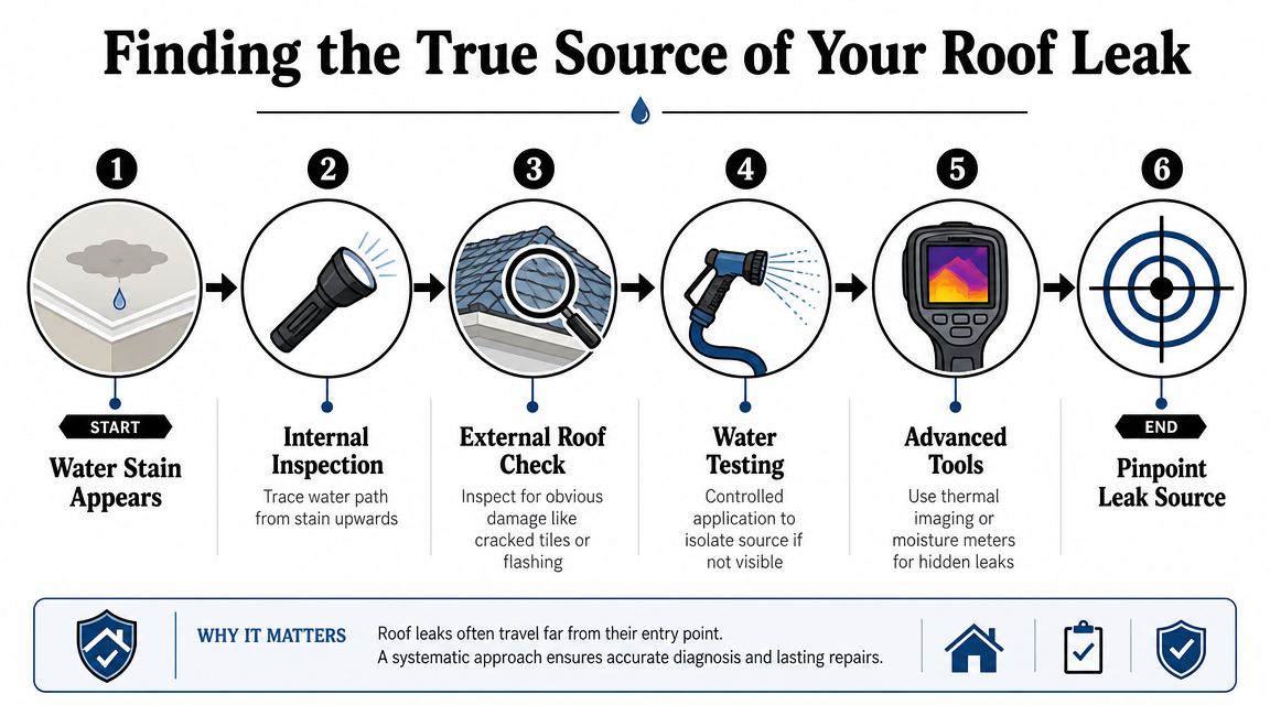 A six-step infographic illustrating a systematic process for identifying and finding the source of roof leaks.