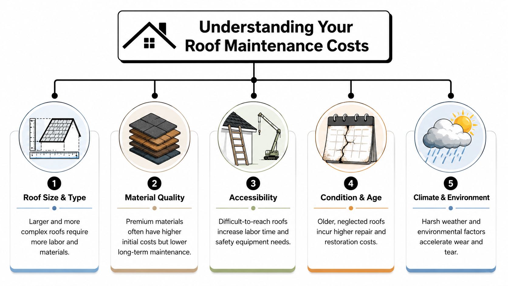 An infographic titled Understanding Your Roof Maintenance Costs, illustrating five key factors affecting repair prices.