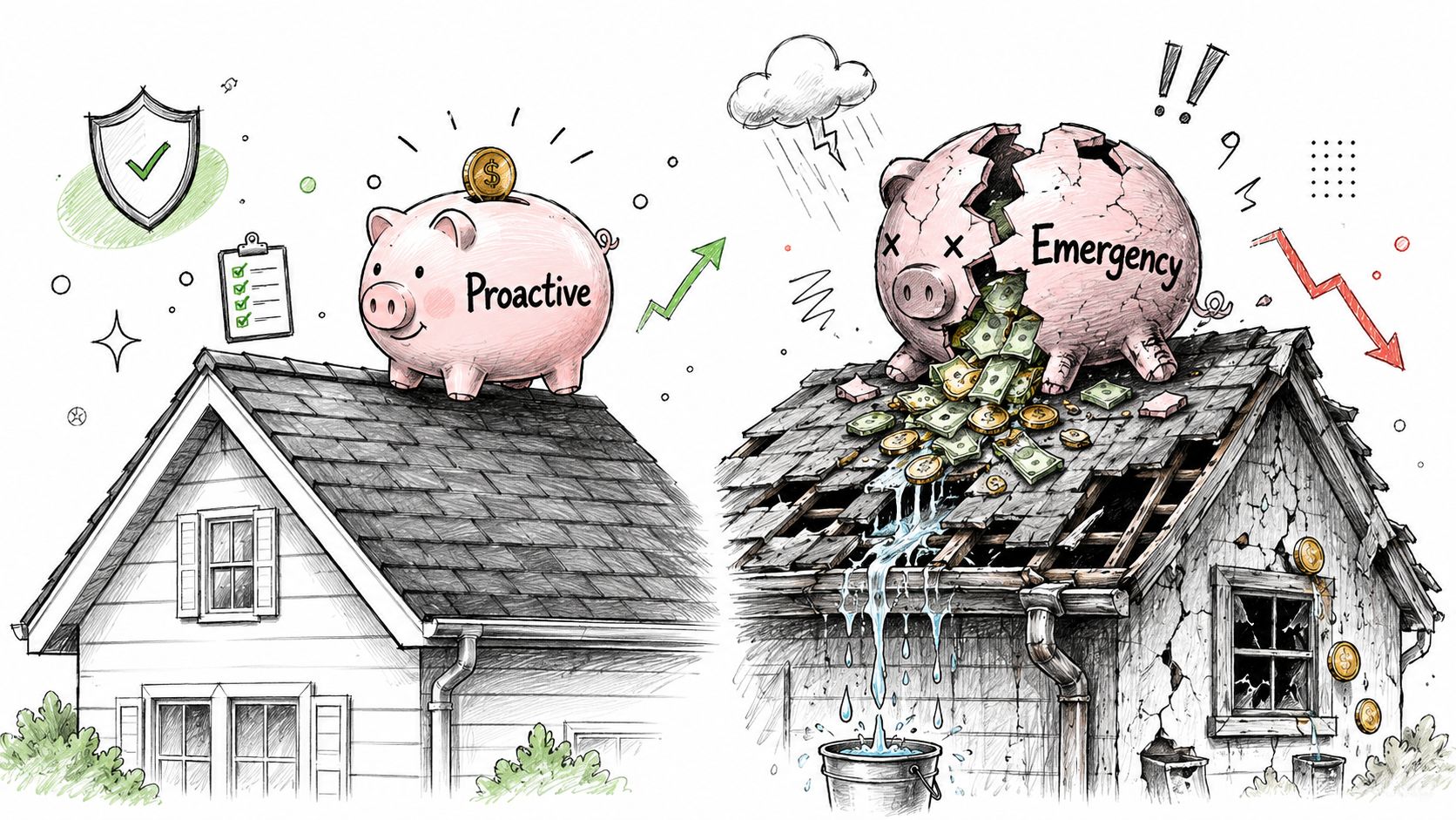 A split illustration comparing proactive roof maintenance and costly emergency repairs using piggy banks on houses.