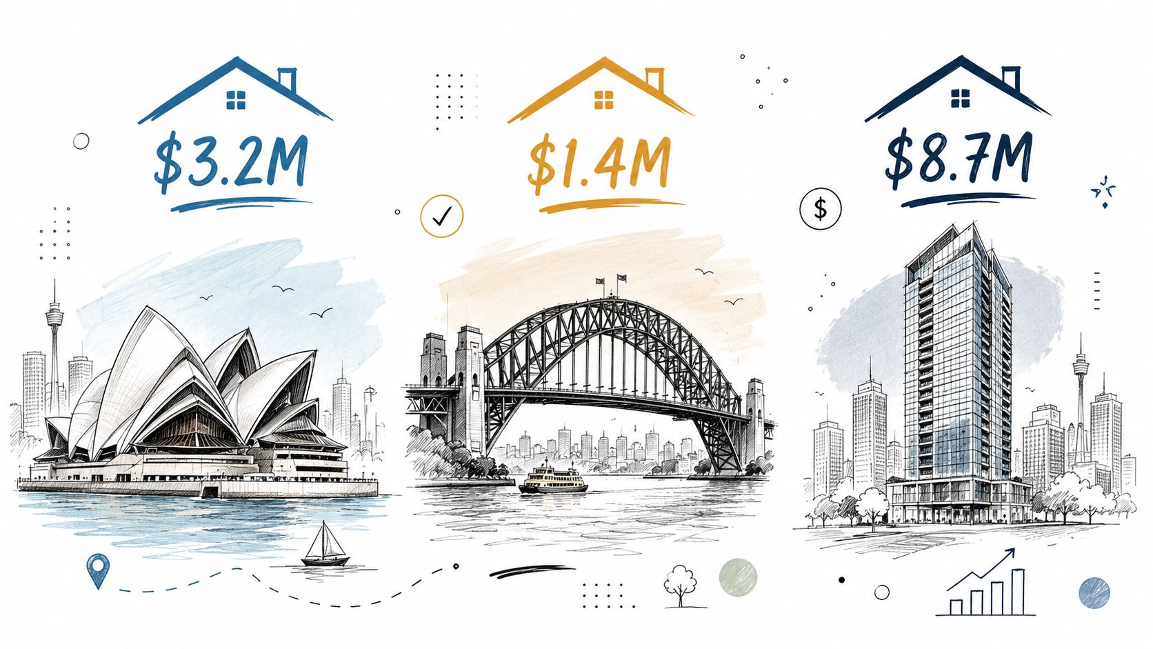 A hand-drawn illustration depicting Sydney landmarks with different real estate property valuations labeled as roof maintenance costs.