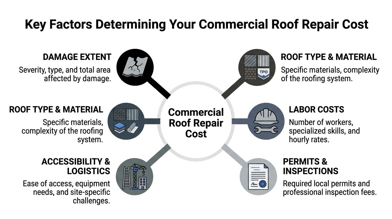 An infographic showing key factors influencing commercial roof repair costs like damage, material, labor, and permits.