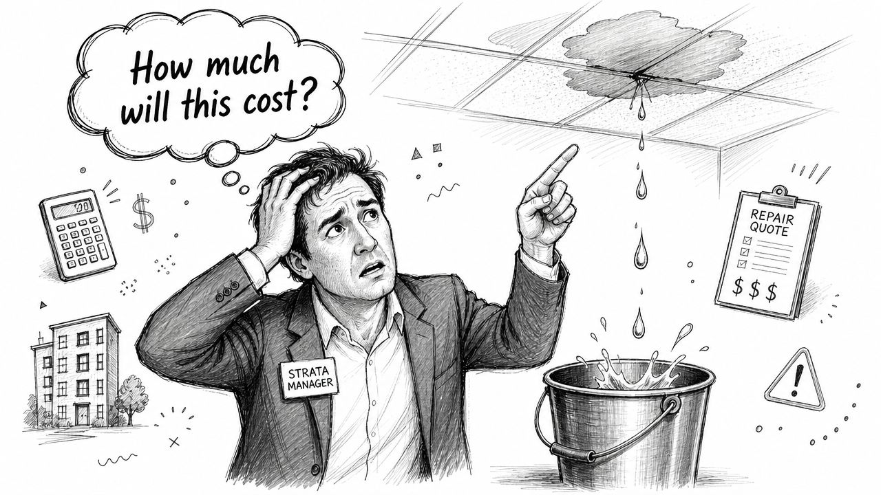 A concerned strata manager looks at a leaking office ceiling while worrying about repair costs.