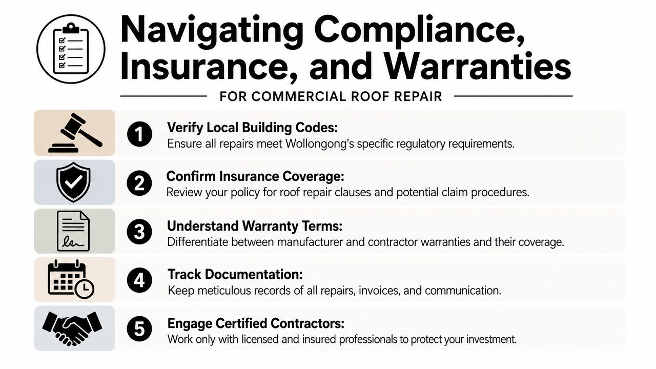 An infographic titled Navigating Compliance, Insurance, and Warranties for Commercial Roof Repair in Wollongong, Australia.