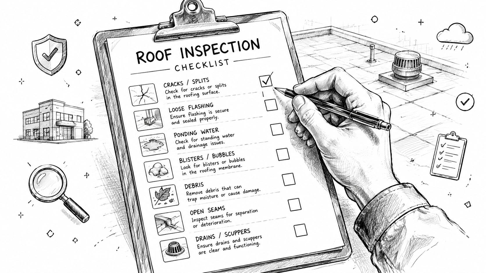 A hand holding a pen ticking off a roof inspection checklist on a clipboard with a drawing.