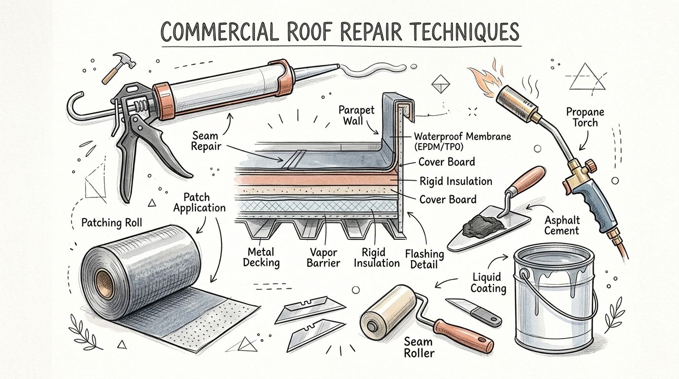 A detailed illustration showing various tools and components used for professional commercial roof repair and maintenance.