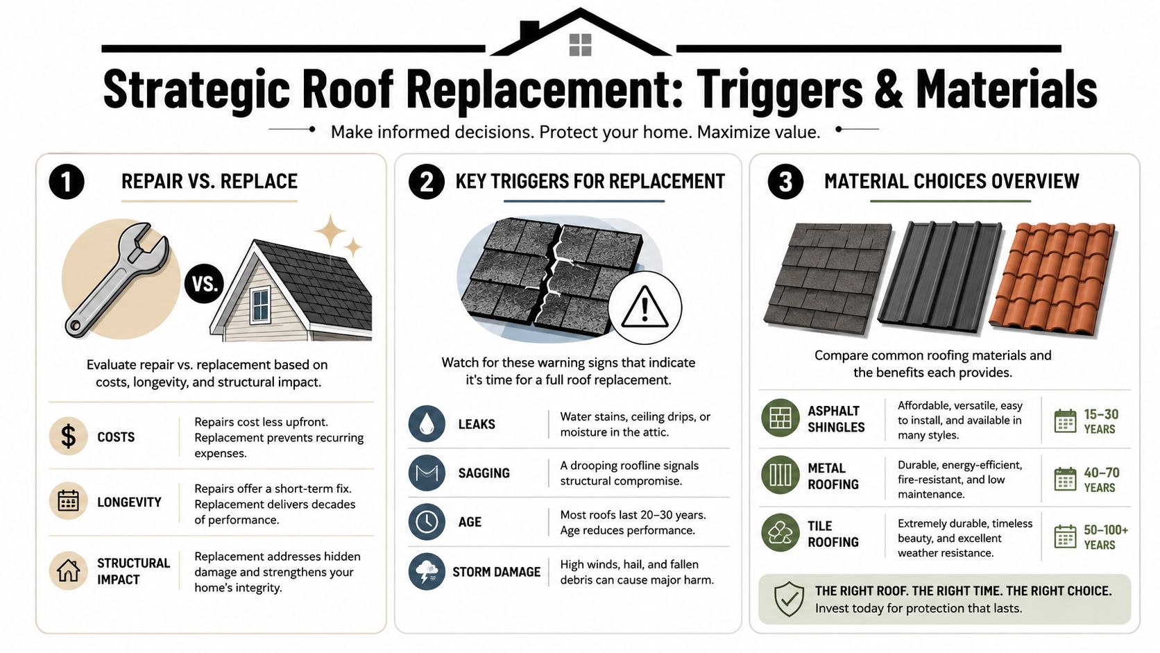 An infographic titled Strategic Roof Replacement explaining repair versus replacement factors, key replacement triggers, and common roofing materials.