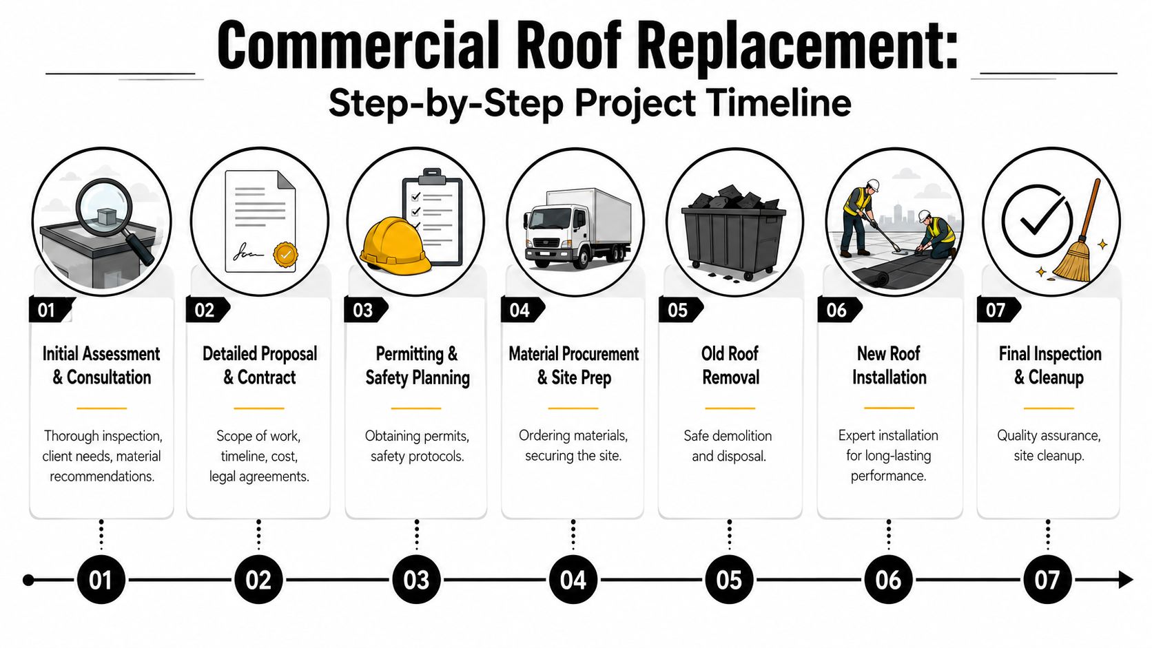 An infographic showing the seven step-by-step process of commercial roof replacement project timeline from assessment to cleanup.
