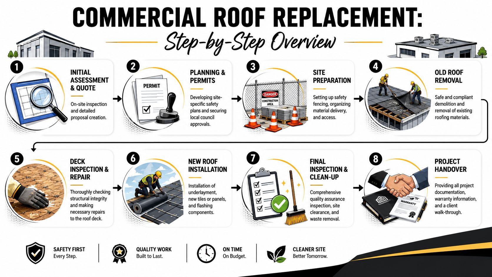 An eight-step infographic outlining the commercial roof replacement process from initial assessment to final project handover.