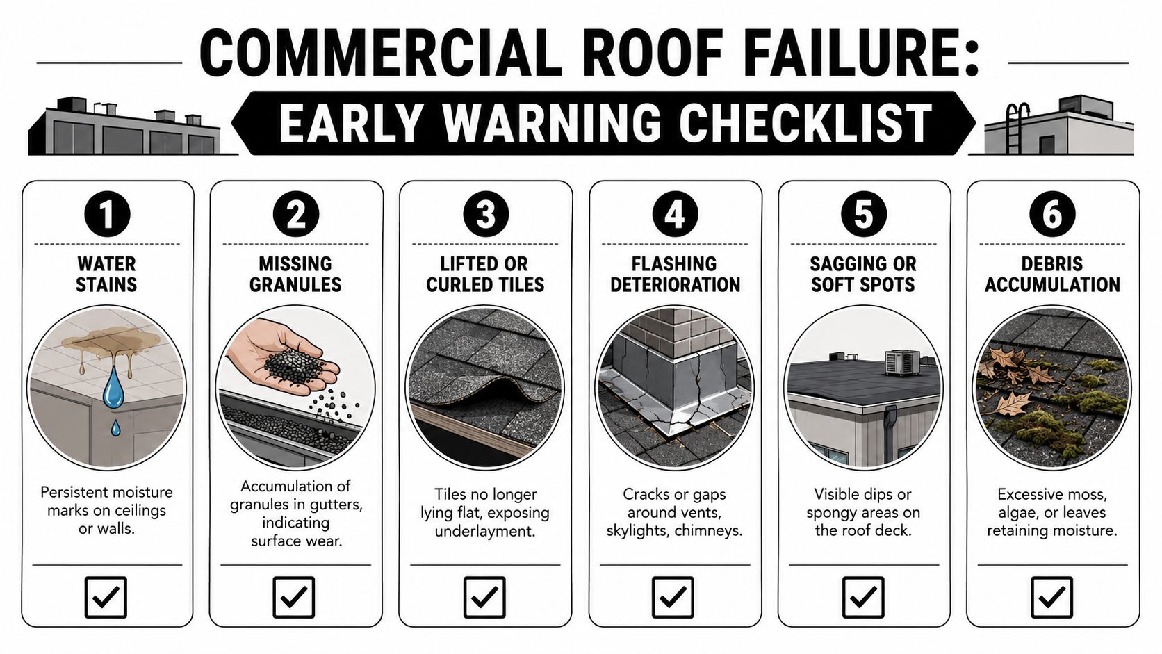 An infographic checklist showing six early warning signs of commercial roof failure for building owners and inspectors.