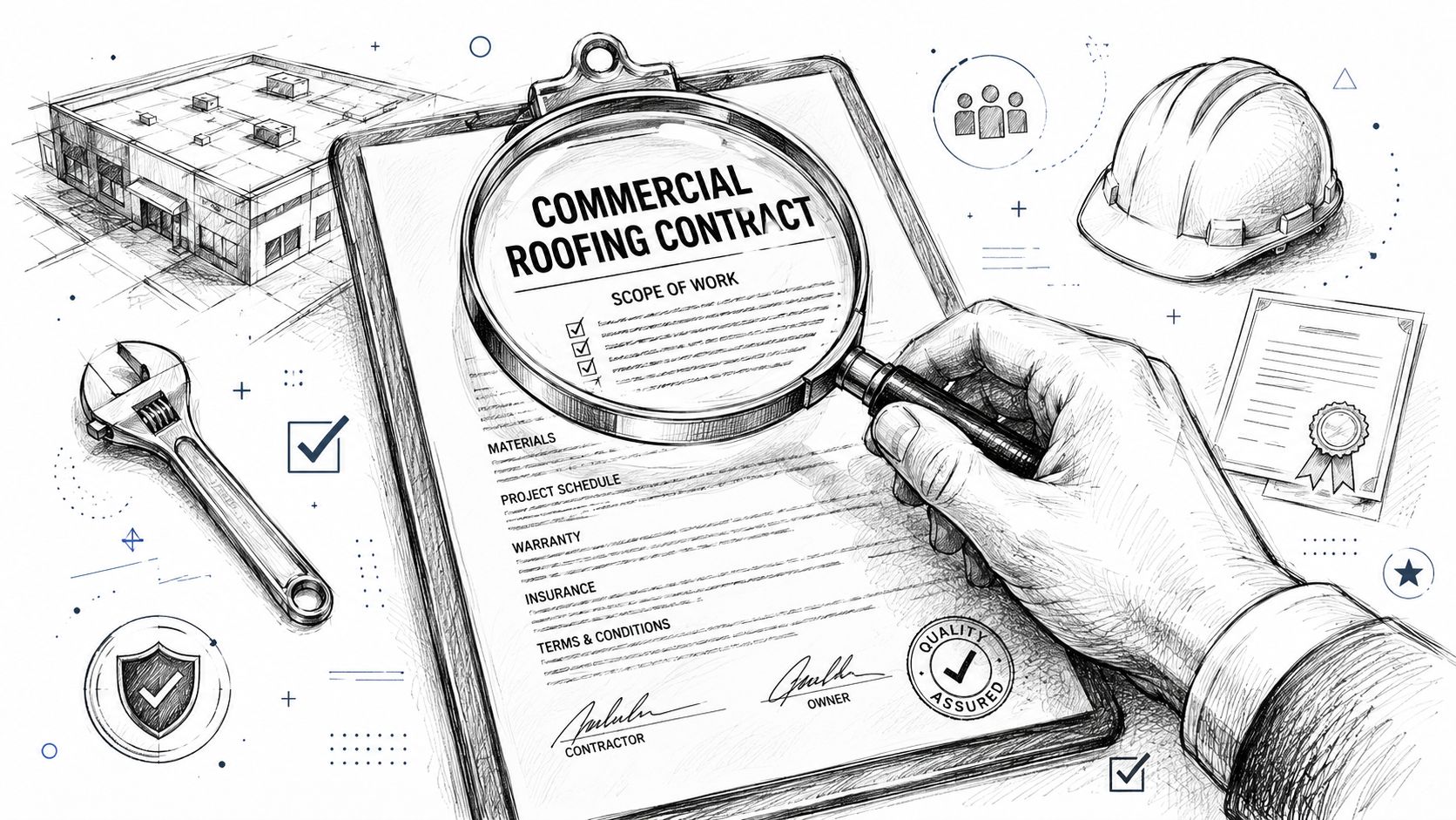 A hand holding a magnifying glass over a commercial roofing contract document with construction planning elements.