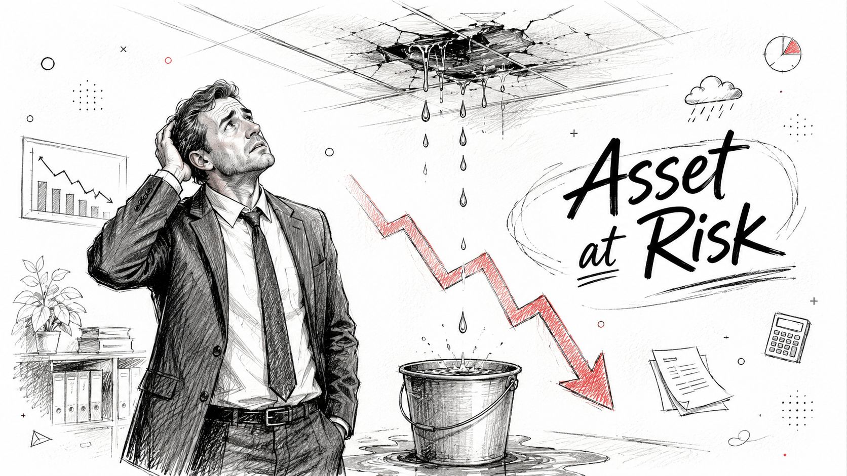 A concerned businessman looking up at a leaking ceiling, symbolizing financial loss and asset risk.