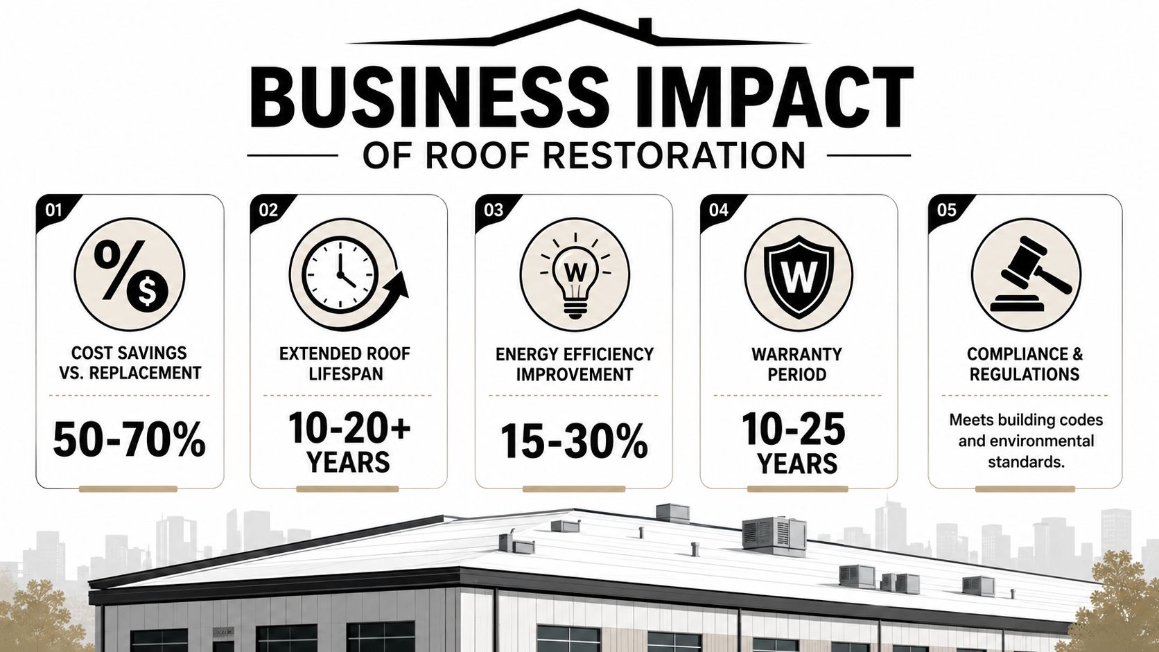An infographic detailing five key business benefits of commercial roof restoration, including cost savings and longevity.