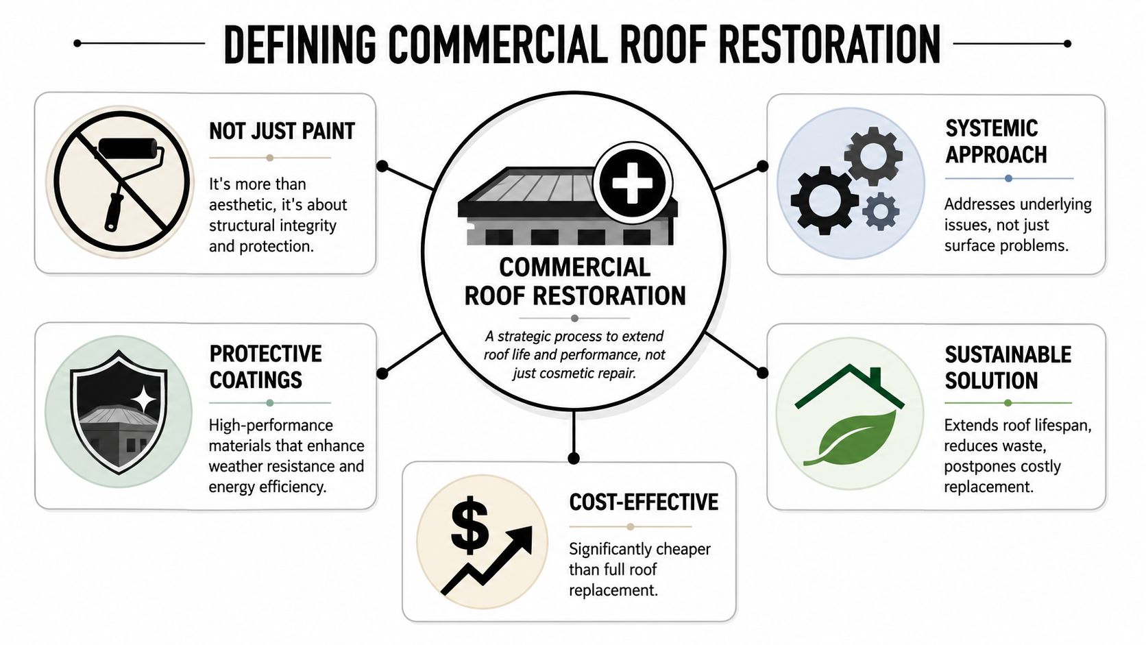 An infographic defining commercial roof restoration through benefits like cost-effectiveness, protective coatings, and a systemic approach.