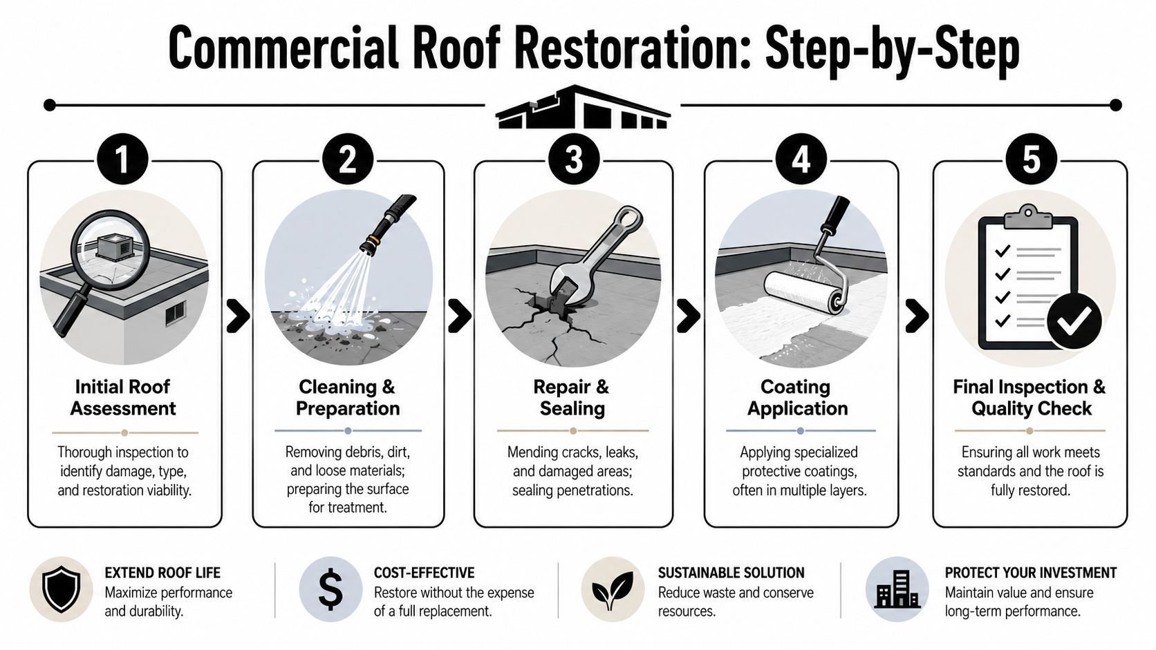 A five-step infographic showing the professional commercial roof restoration process from inspection to final quality check.