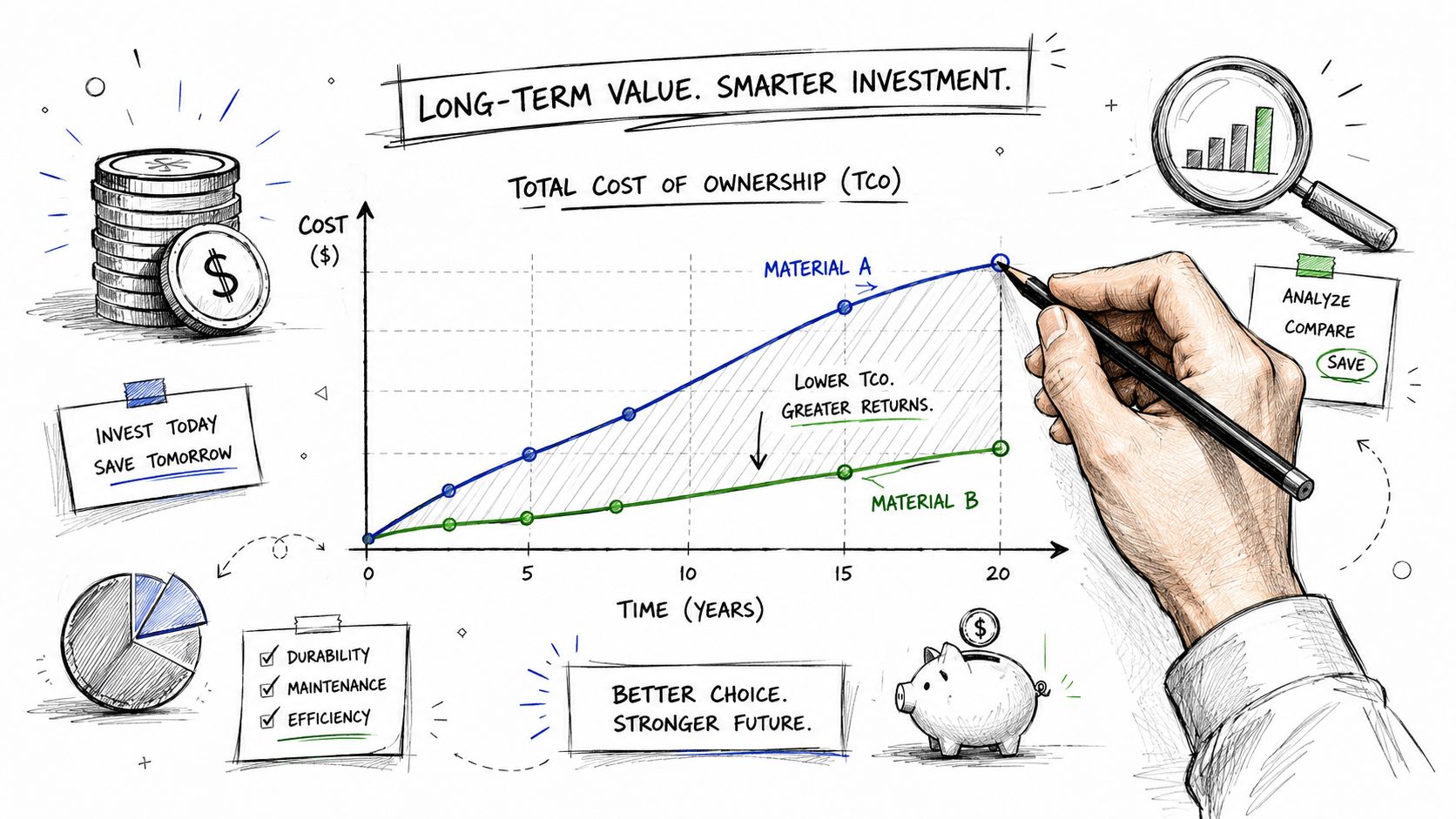 A hand drawing a graph comparing the total cost of ownership for two materials over twenty years.