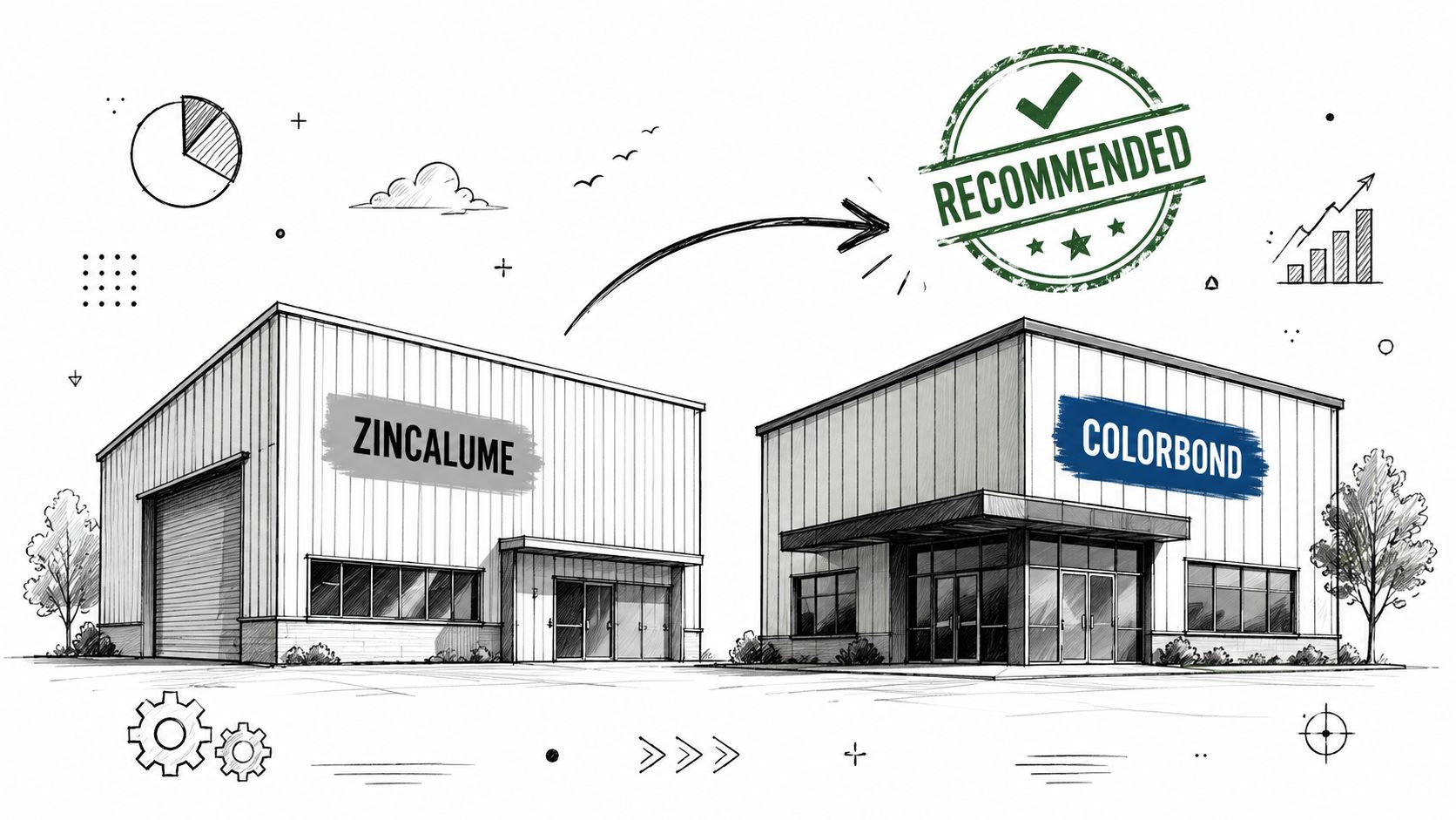 A diagram comparing Zincalume and Colorbond steel roofing with an arrow pointing toward Colorbond as recommended.