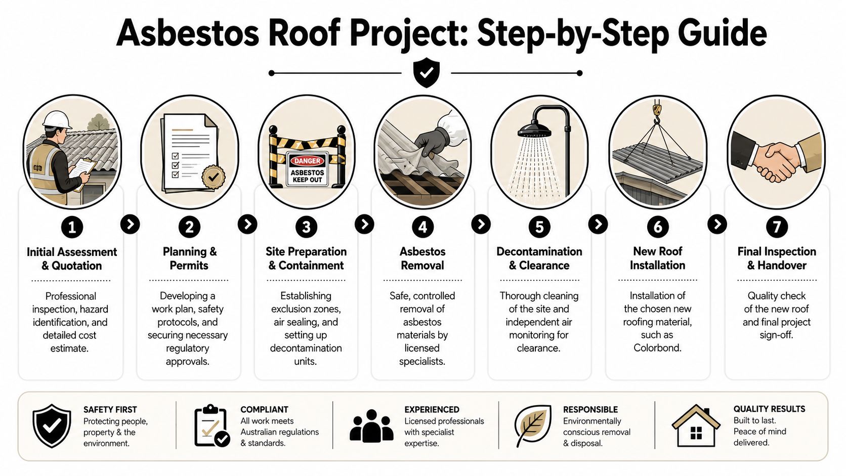 A detailed seven-step infographic showing the professional process of asbestos roof removal and replacement.