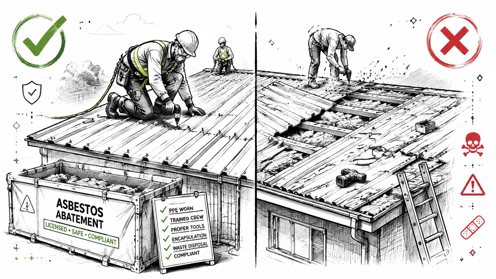 A comparison showing safe, compliant asbestos abatement on a corrugated metal roof versus unsafe, hazardous practices.