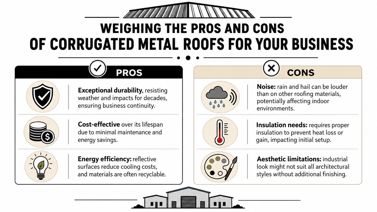 A comparison infographic showing the pros and cons of installing corrugated metal roofs for business properties.