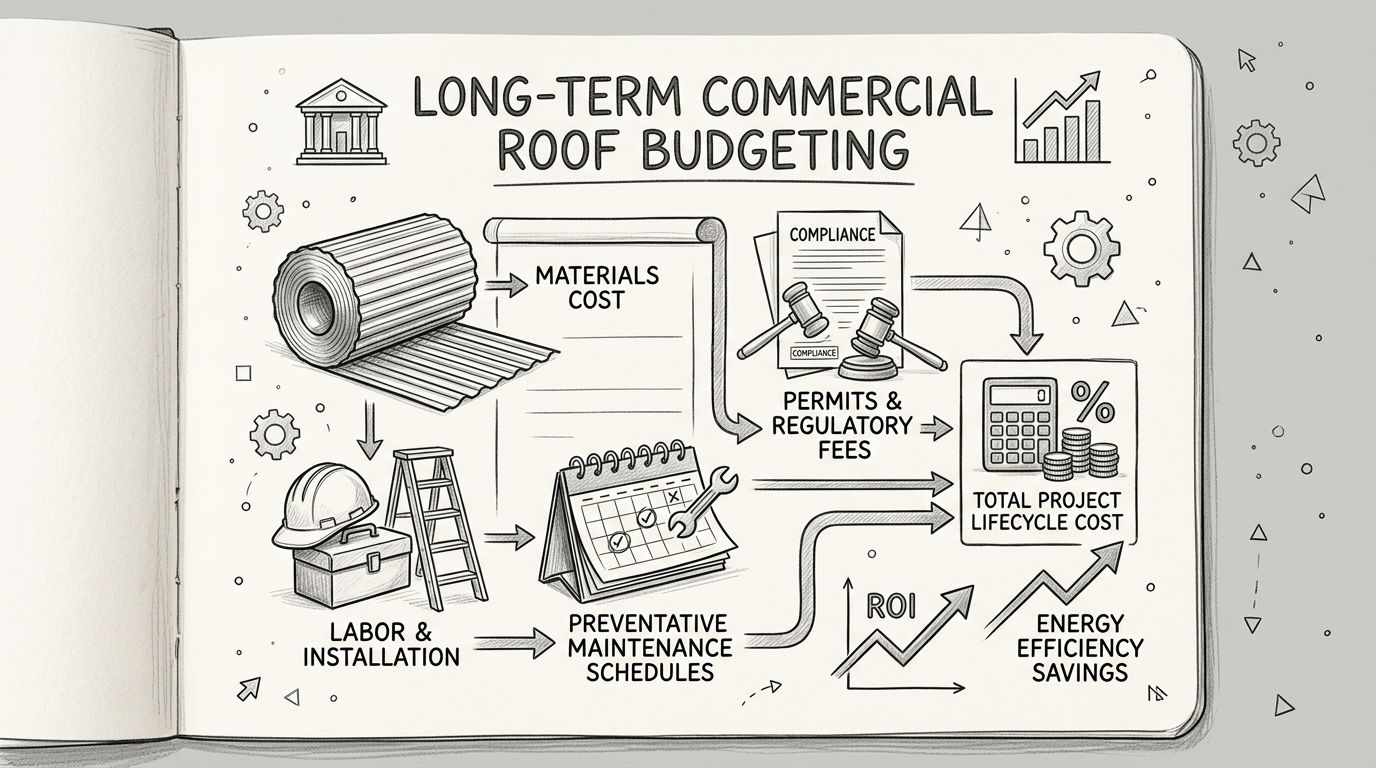 A hand-drawn sketch illustrating the key factors involved in long-term commercial roofing financial planning and budgeting.