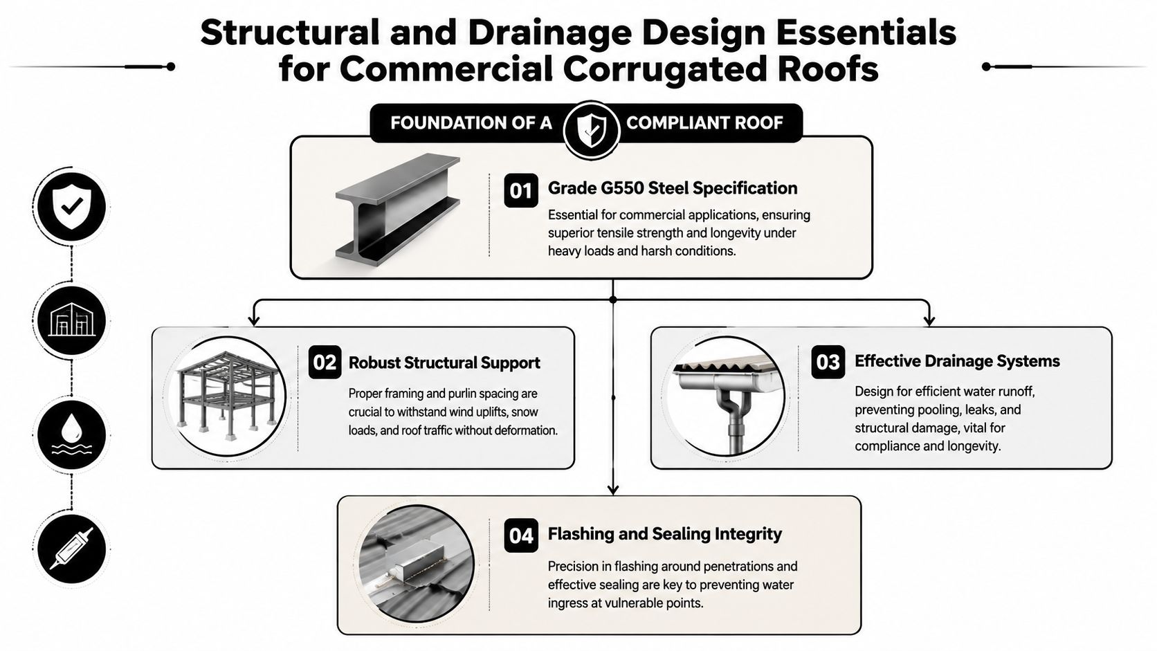 An infographic detailing essential structural and drainage design principles for commercial corrugated metal roofs including steel specifications.