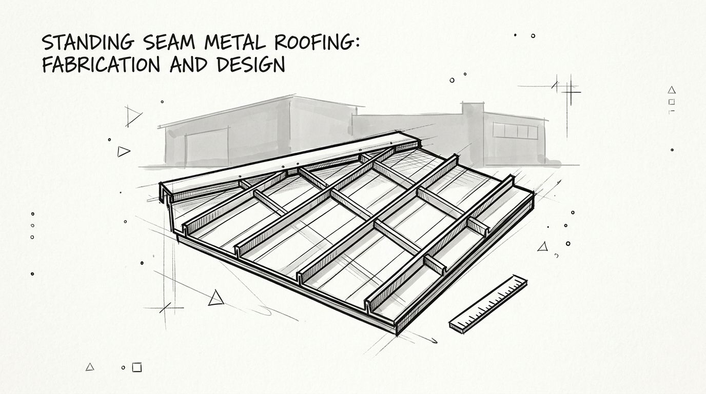 A detailed technical drawing of standing seam metal roofing construction for a building roof project.