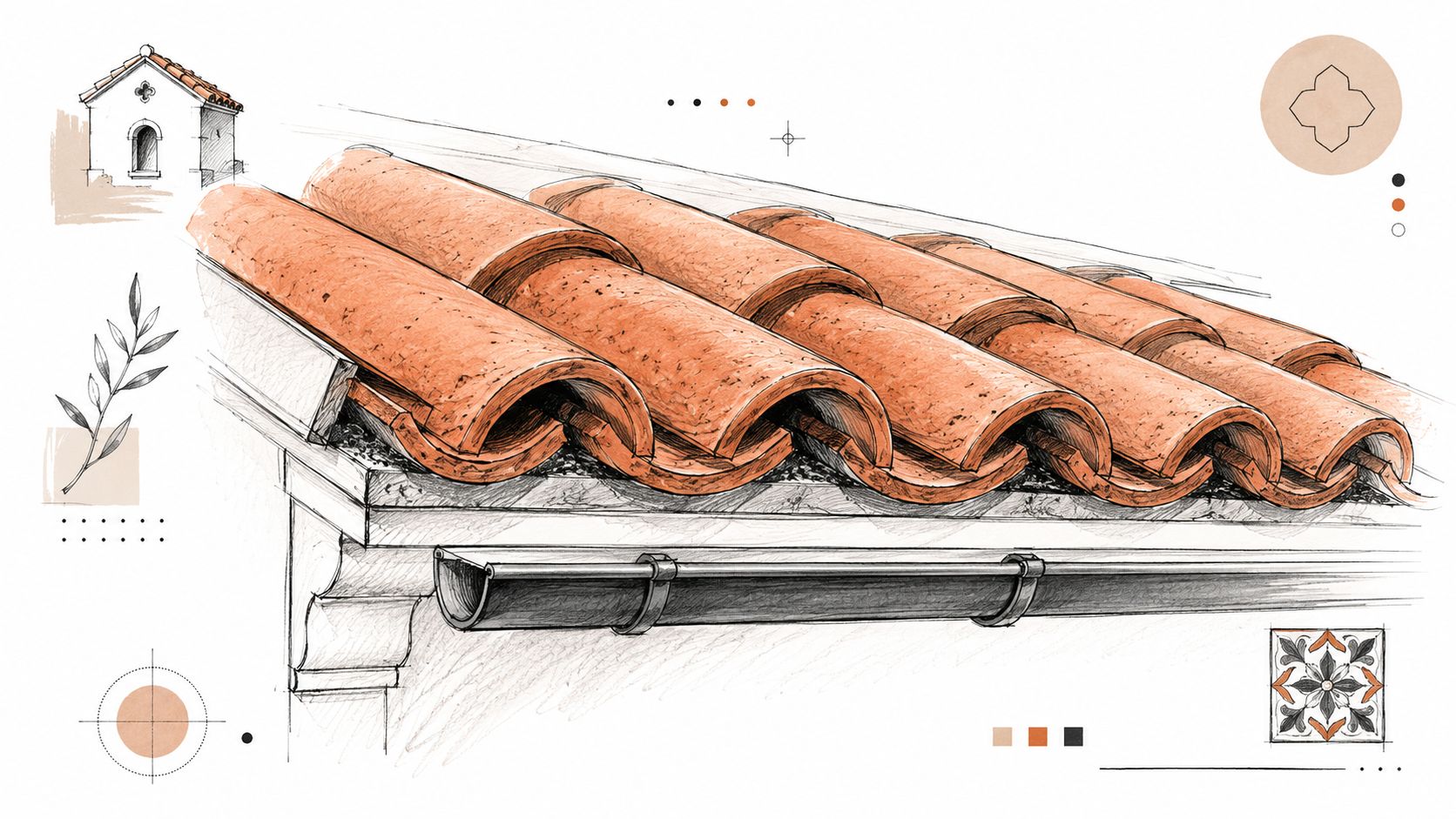 A detailed technical drawing of terracotta roof tiles showing the installation and gutter system on a building.