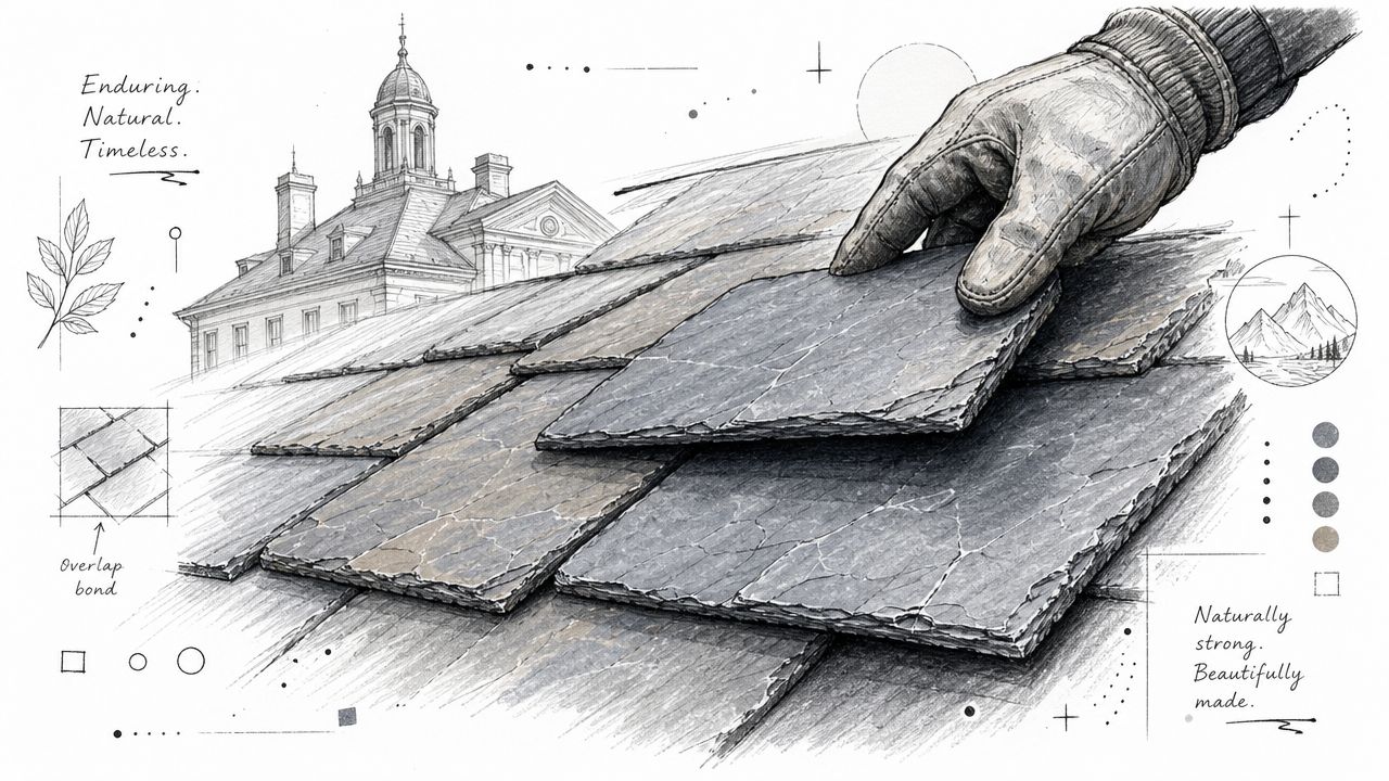 A gloved hand placing a natural slate roof tile onto a house roof, illustrating architectural craftsmanship.