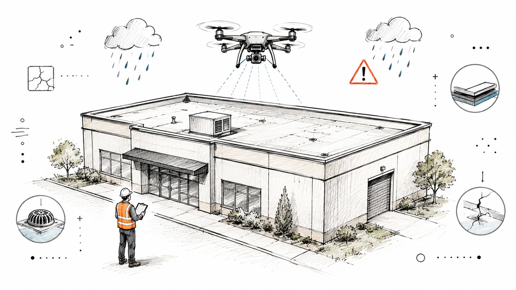 A drone performs an aerial roof inspection of a commercial building while a worker observes the data.
