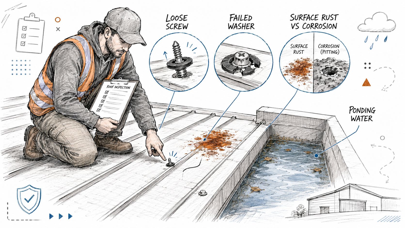 A professional inspector checking a metal roof for common damage like loose screws and surface corrosion.