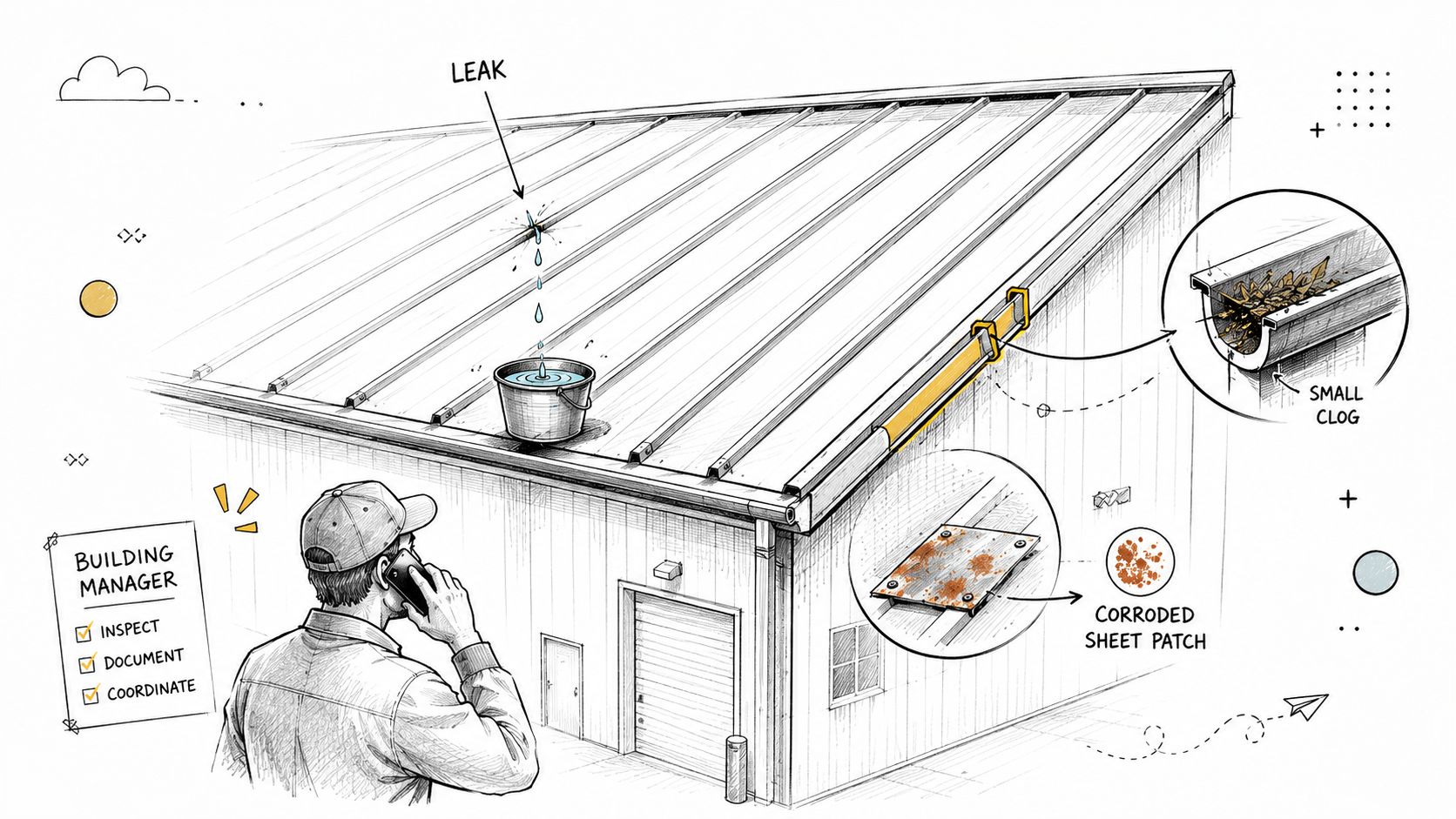 A building manager on the phone inspecting a leaking metal roof with a bucket and debris-filled gutter.