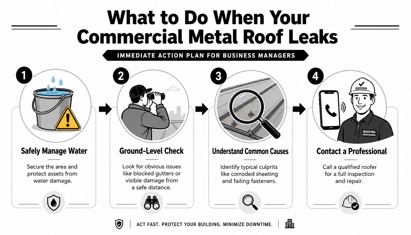 An infographic showing a four-step guide on what to do when a commercial metal roof leaks.