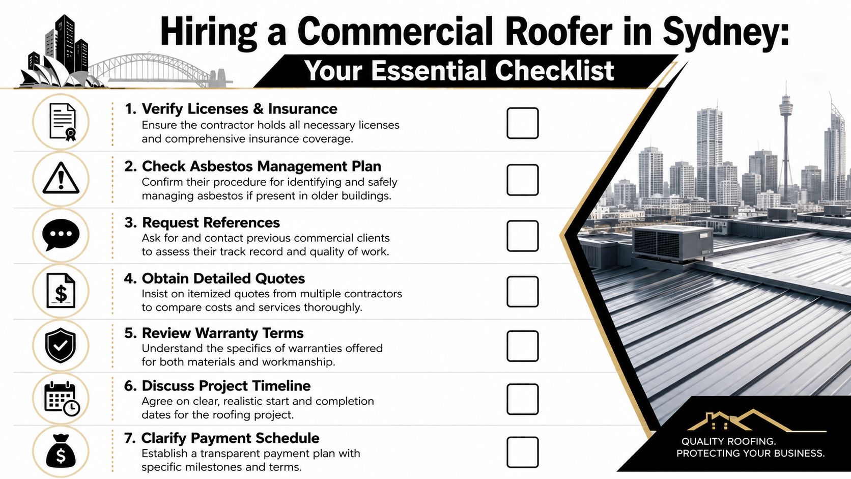 A checklist for hiring a commercial roofer in Sydney, featuring seven key steps for property owners.