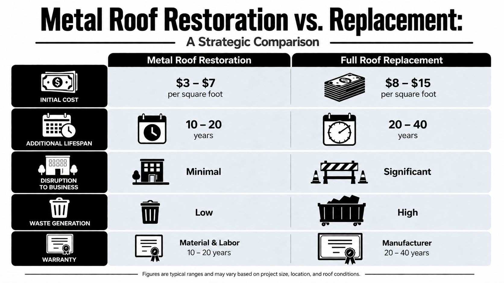 A strategic comparison table showing the differences between metal roof restoration and full roof replacement.