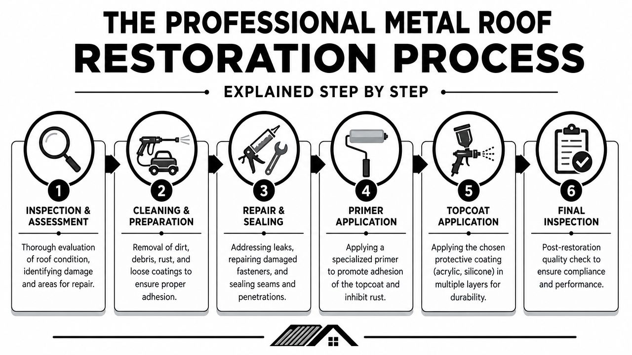 A six-step infographic illustrating the professional process for restoring a metal roof, from inspection to final check.
