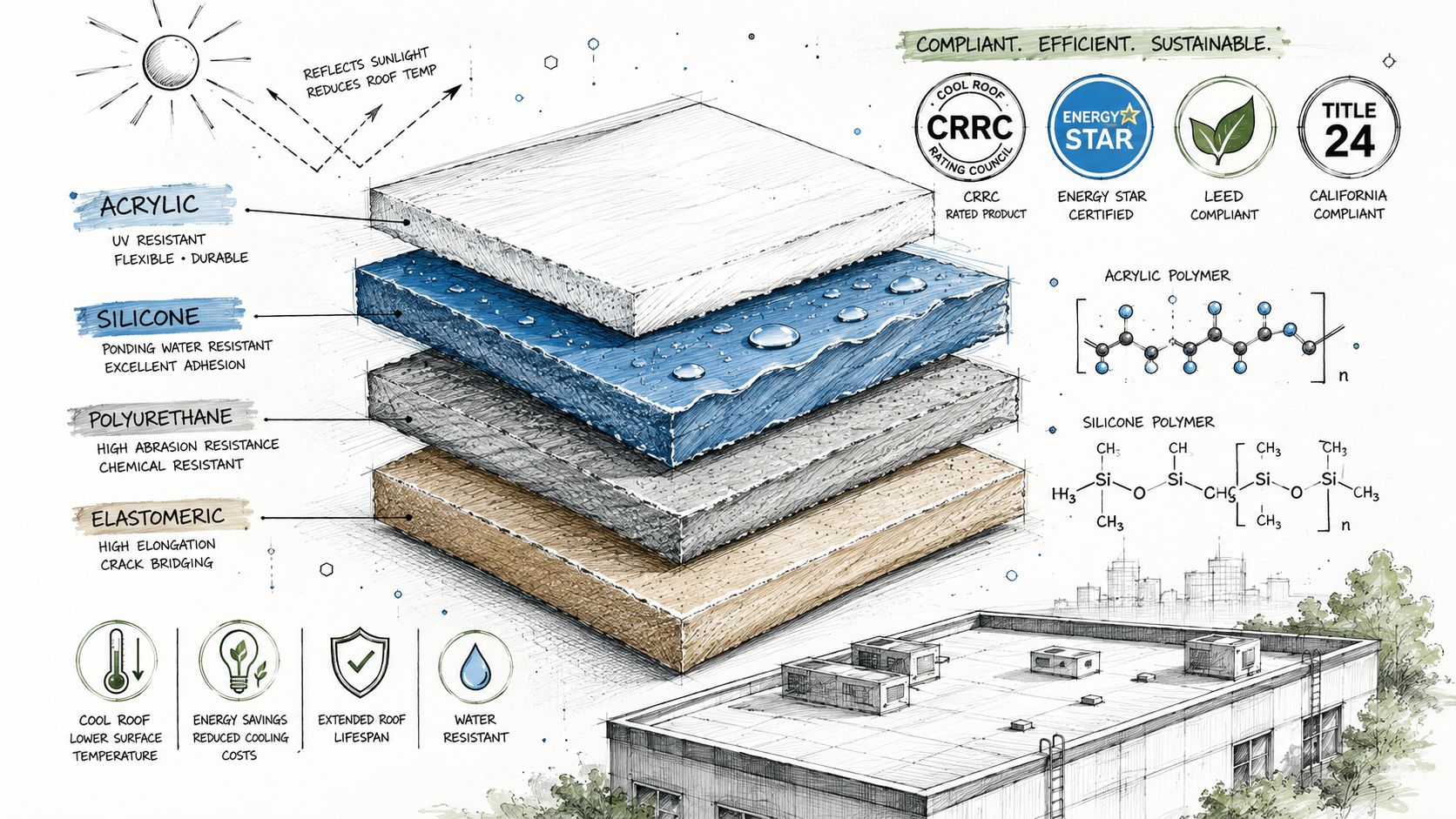 A diagram illustrating the layered composition and benefits of roof restoration materials for industrial buildings.