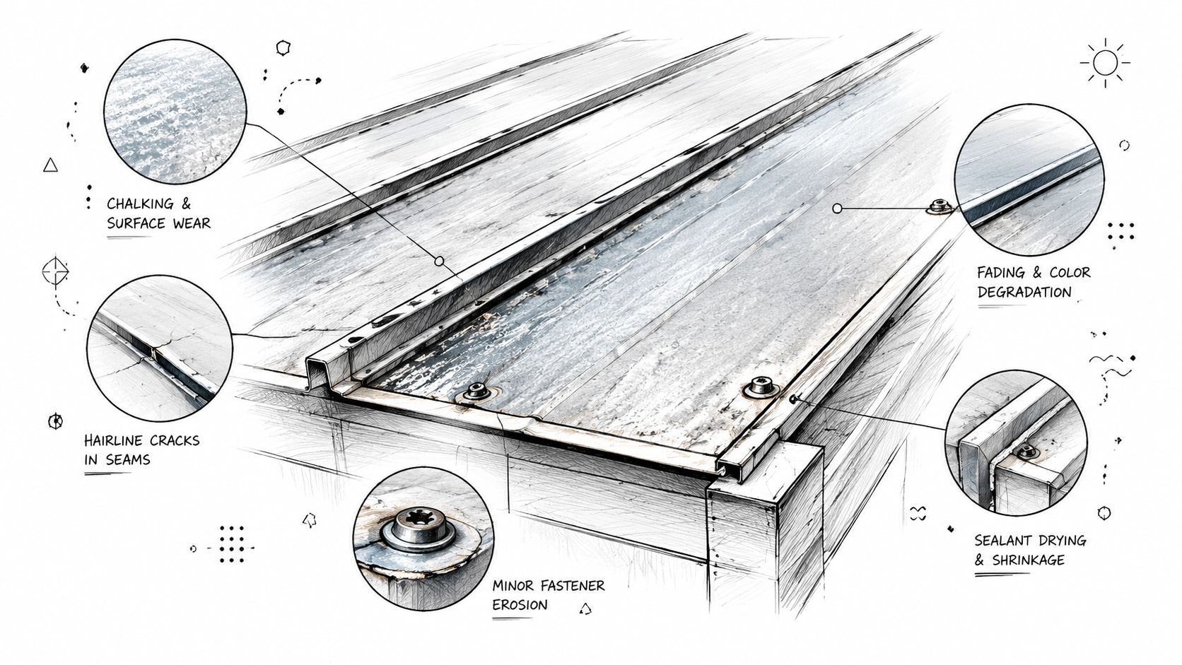 A detailed technical illustration of a metal roof showing common signs of aging, wear, and structural degradation.