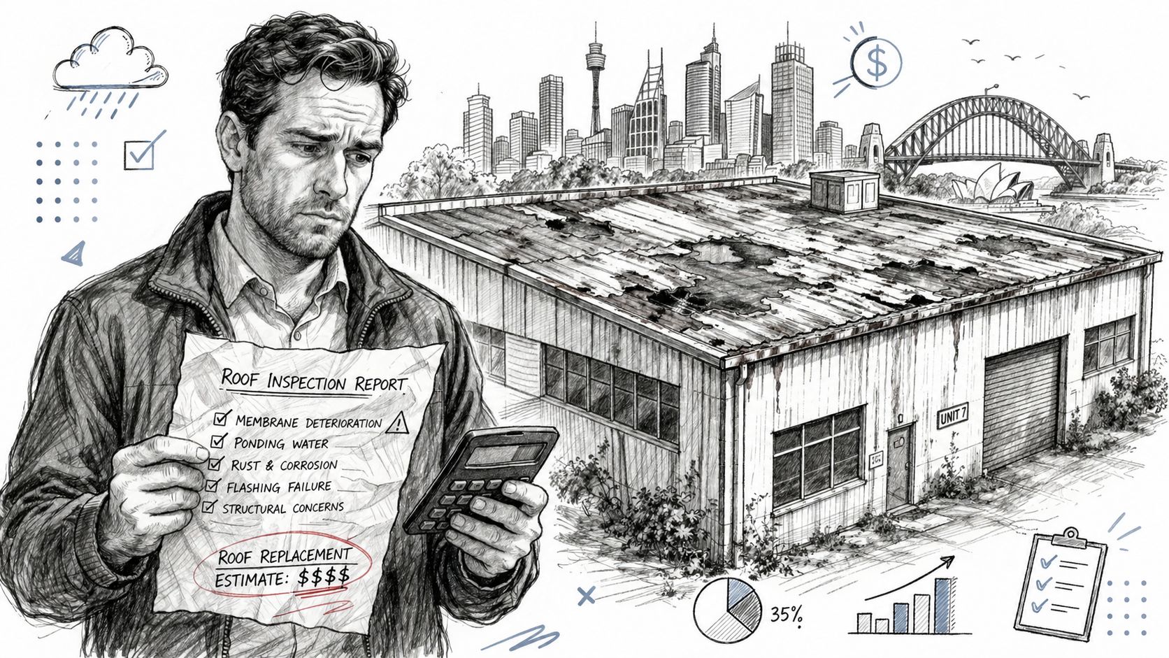 A concerned man reviewing a roof inspection report and estimate for a damaged commercial building in Sydney.