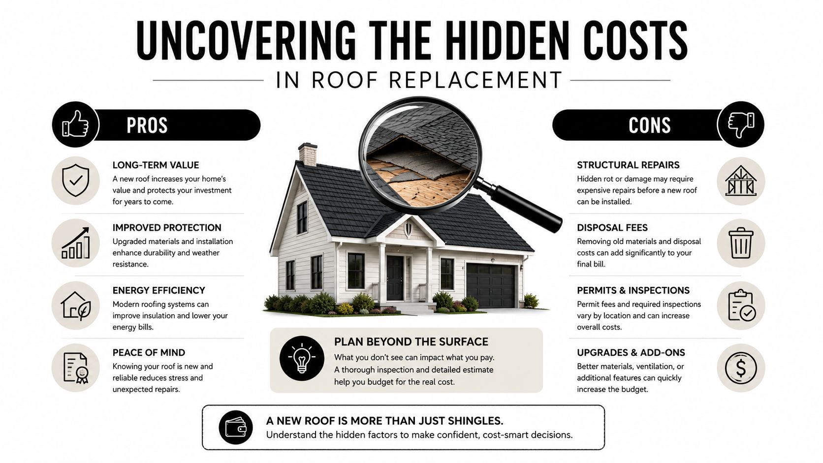 An infographic detailing the pros and cons of roof replacement, highlighting potential hidden costs for homeowners.
