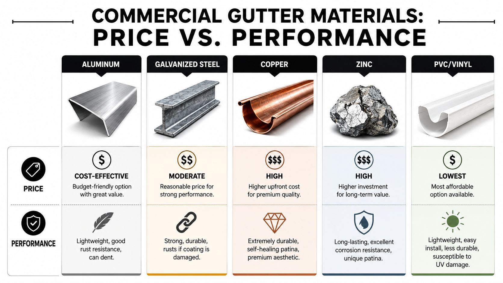 A comparison chart showing the price and performance characteristics of commercial gutter materials including aluminum, steel, copper, zinc, and PVC.